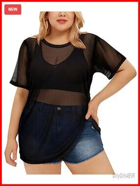 Plus Size Mesh Top Short Sleeve Sheer Fishnet Blouse Tunic